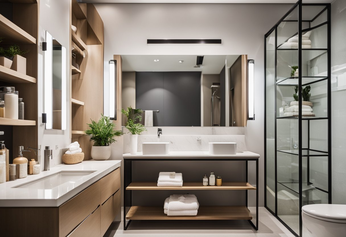 A small bathroom with clever storage solutions, hanging shelves, and a space-saving vanity. Bright colors and mirrors create the illusion of a larger space