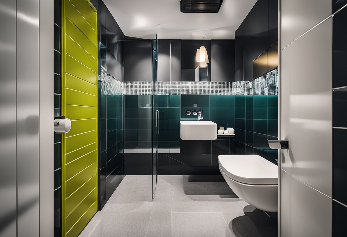 A small bathroom with bold color schemes, using strategic placement to create a visually impactful and inviting space