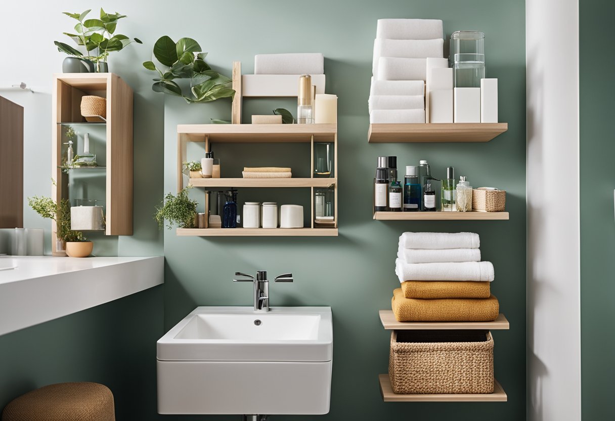 A small bathroom with creative storage solutions, such as floating shelves and wall-mounted organizers. Bright colors and minimalistic decor give the space a modern and functional feel