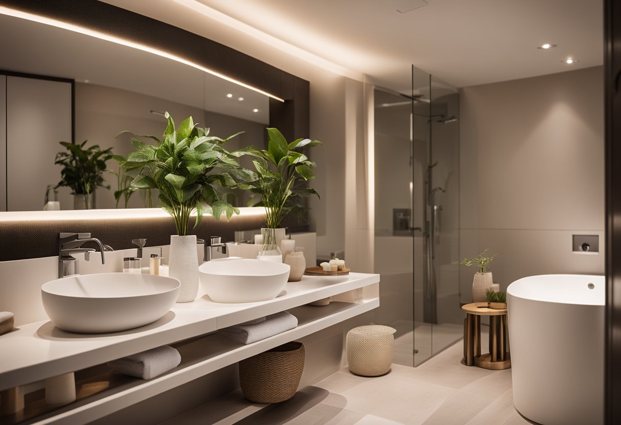 Soft, warm lighting casts gentle shadows on sleek, modern bathroom decor. Plants and textured accents add depth and interest to the small space