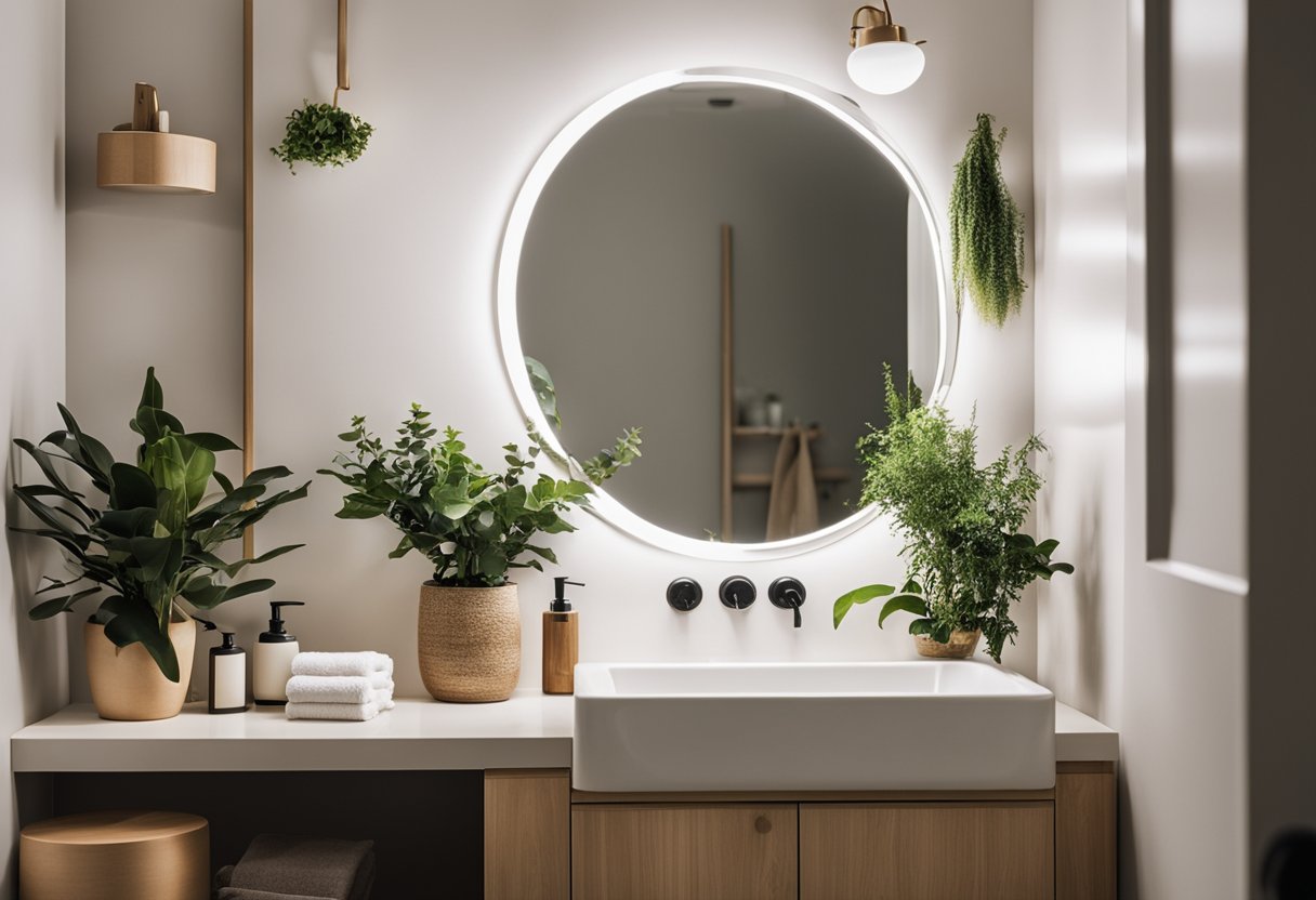 A small bathroom with carefully chosen accessories, like a stylish mirror, hanging plants, and matching towels, creating a chic and functional space