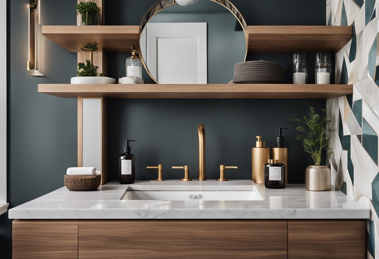 A sleek marble countertop contrasts with rustic wood shelves. Bold geometric wallpaper adds a modern touch. A mix of metal and glass accessories completes the stylish small bathroom