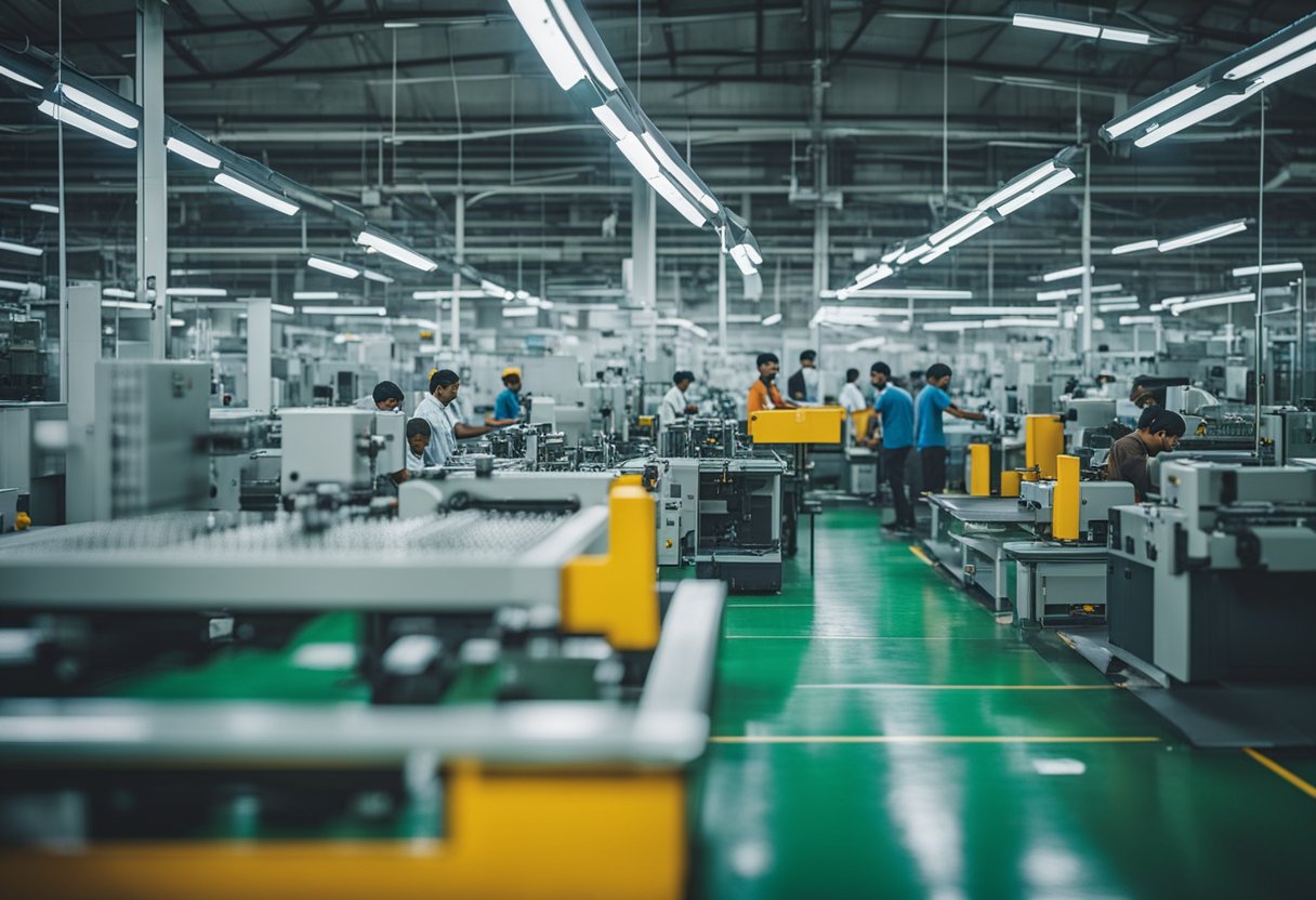 A bustling factory floor in Chennai, with machines assembling PCBs in precise and efficient movements