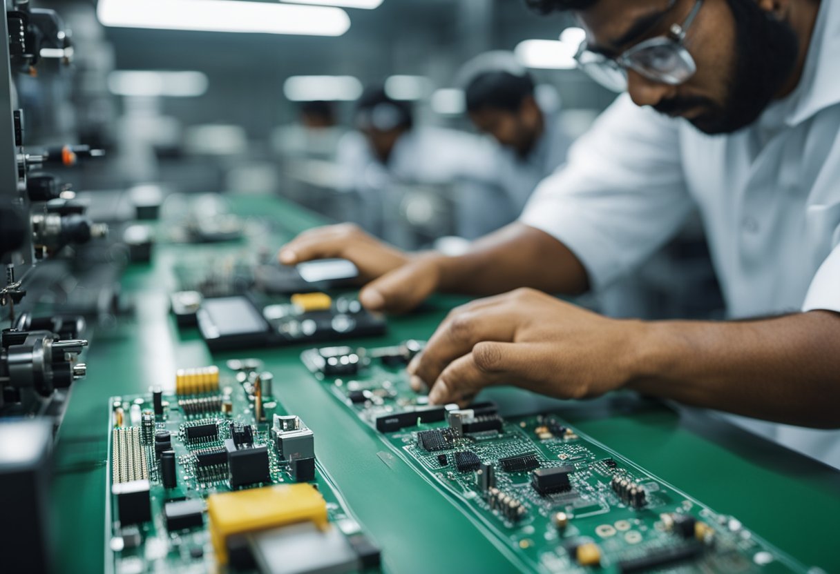 A technician assembles PCB components with precision tools and machinery in a Chennai assembly facility