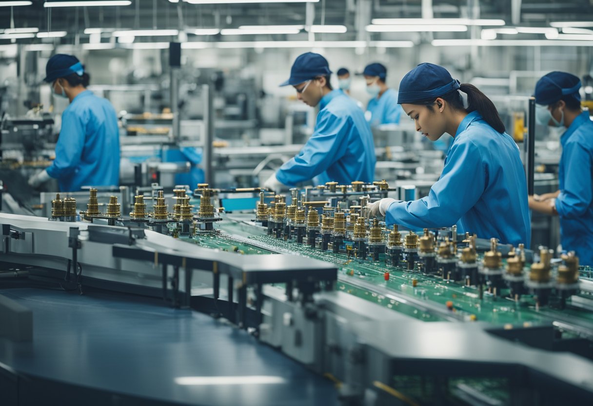 A bustling factory floor with workers assembling PCBs on conveyor belts, surrounded by state-of-the-art machinery and equipment