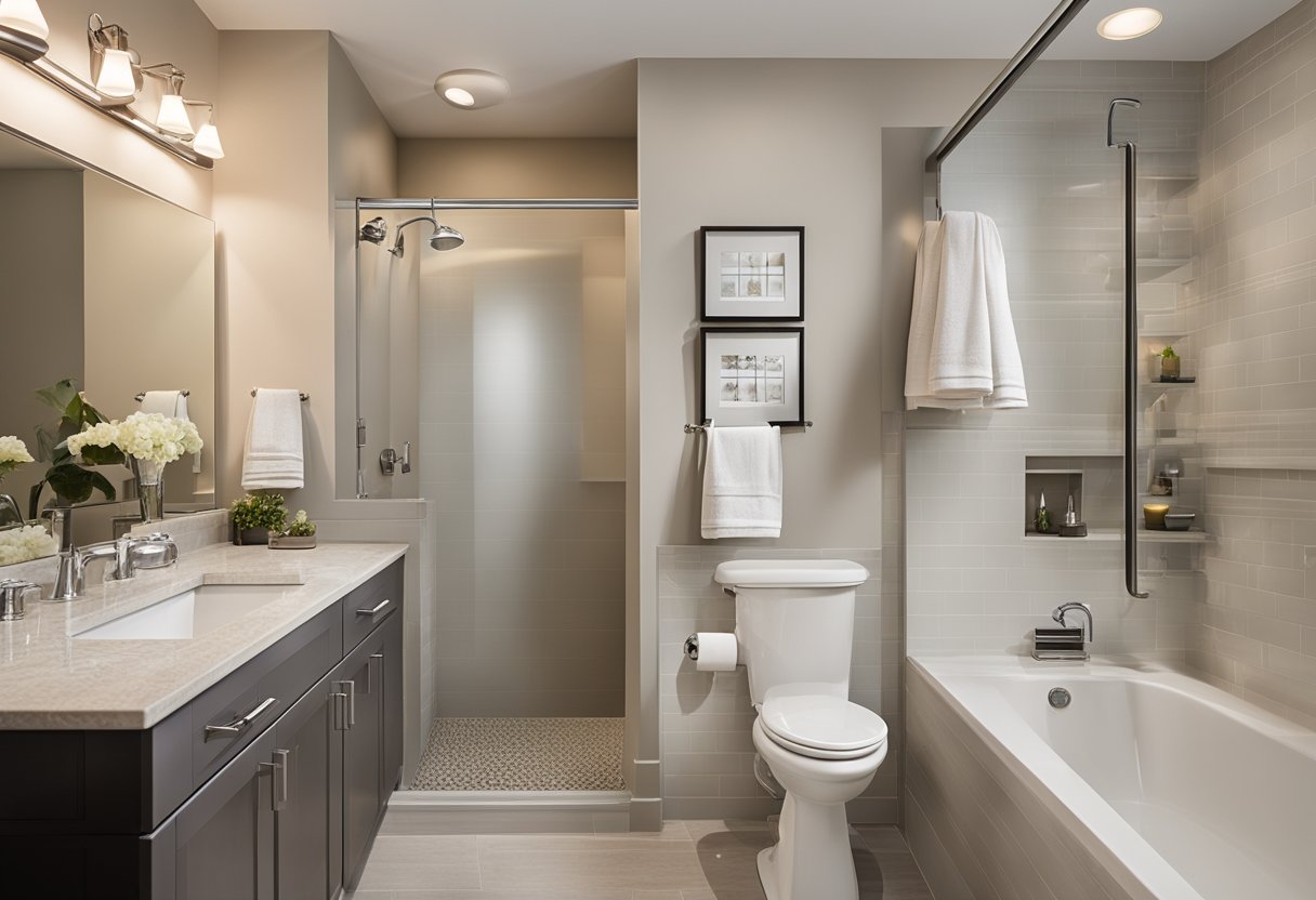 A small bathroom with neutral-colored walls, updated fixtures, and space-saving storage solutions. A budget-friendly remodel with modern touches