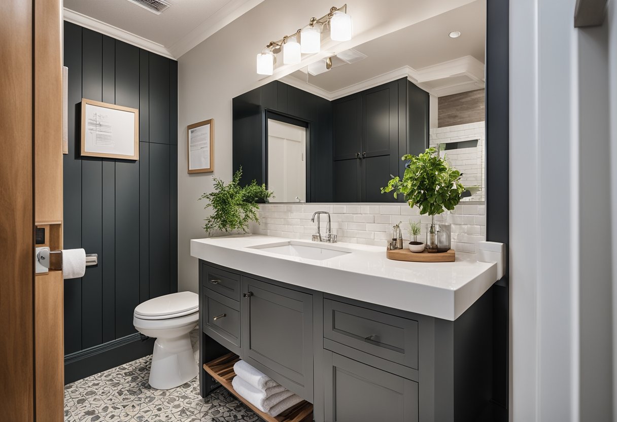 A small bathroom with budget-friendly design updates: new paint, modern fixtures, and space-saving storage solutions