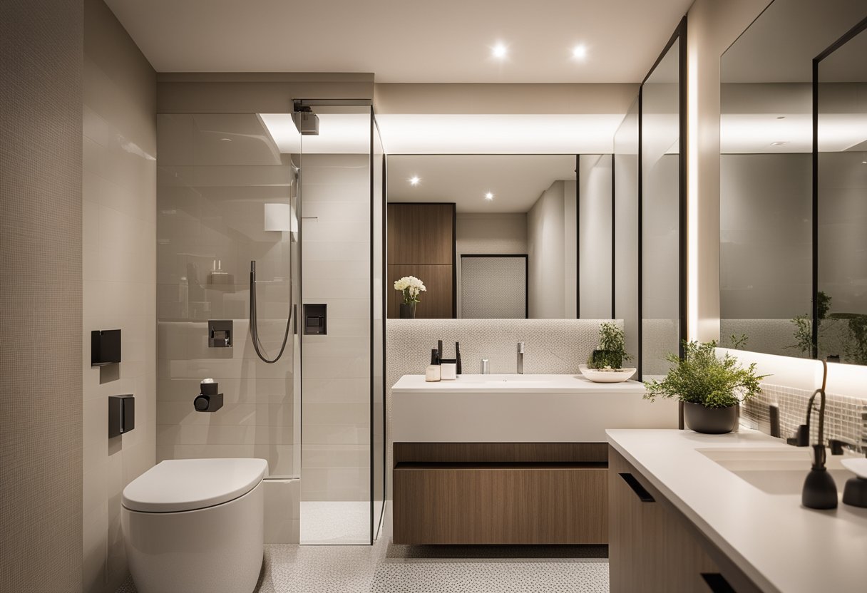 A small bathroom with neutral color scheme, updated fixtures, and creative storage solutions. Bright lighting and a cohesive design tie the space together