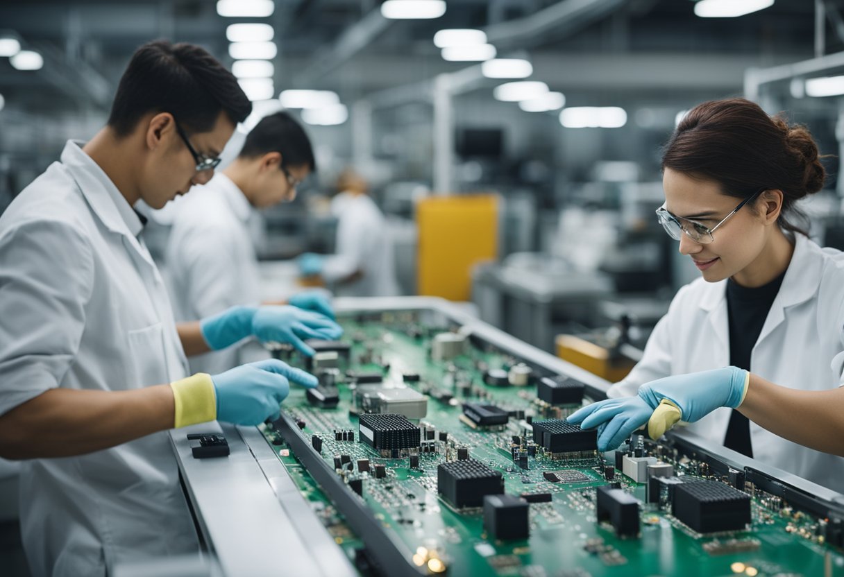 Montreal's PCB assembly industry: machines assembling circuit boards, workers inspecting quality, and managers overseeing production