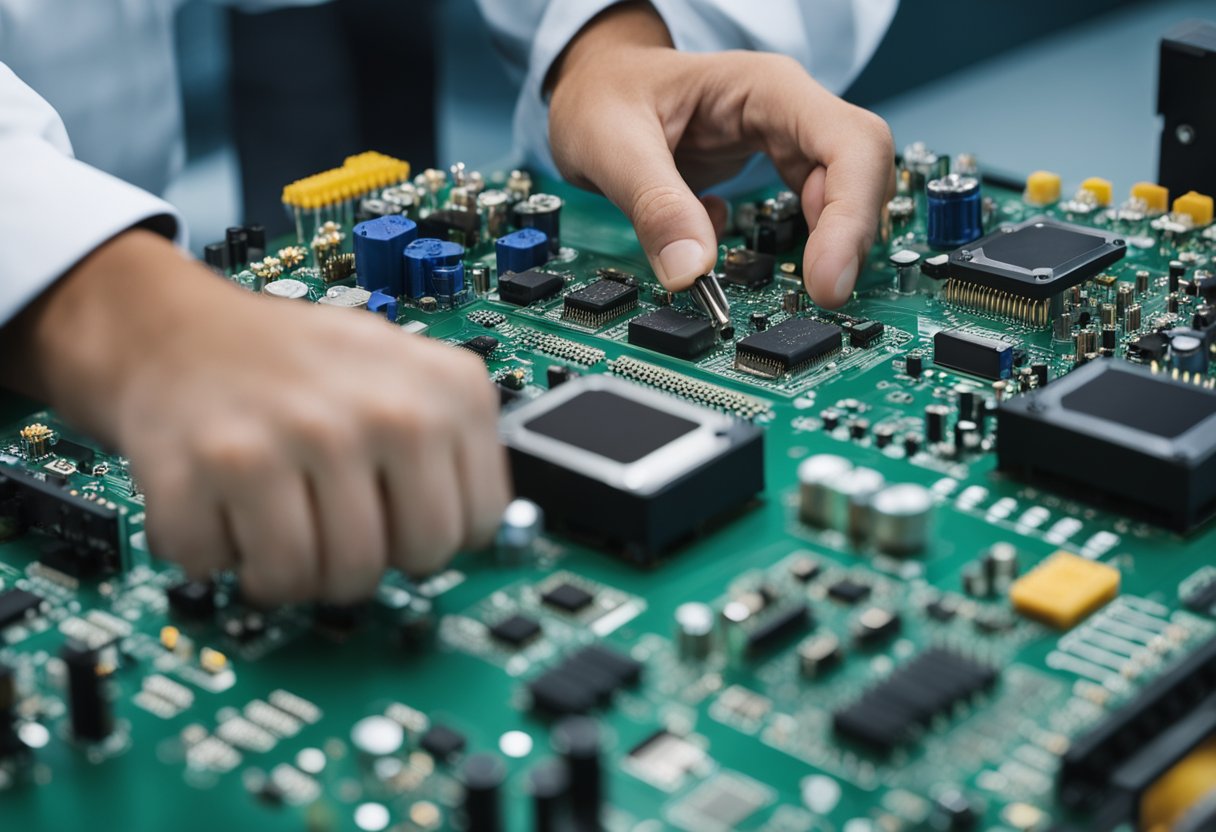 A PCB assembly technician follows IPC standards, inspecting and soldering components onto a circuit board