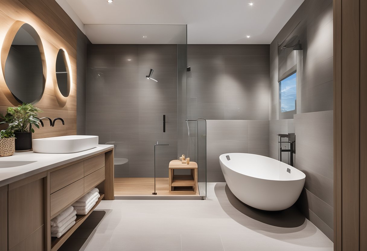 A serene bathroom with neutral tones, featuring soft gray walls, white fixtures, and natural wood accents for a timeless and popular look