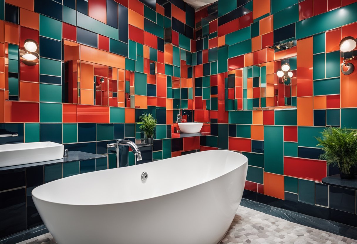 A bathroom with bold and vibrant hues on the walls, including popular paint colors like deep blues, rich greens, and fiery reds. Accessories and fixtures in complementary tones add to the lively and energetic atmosphere