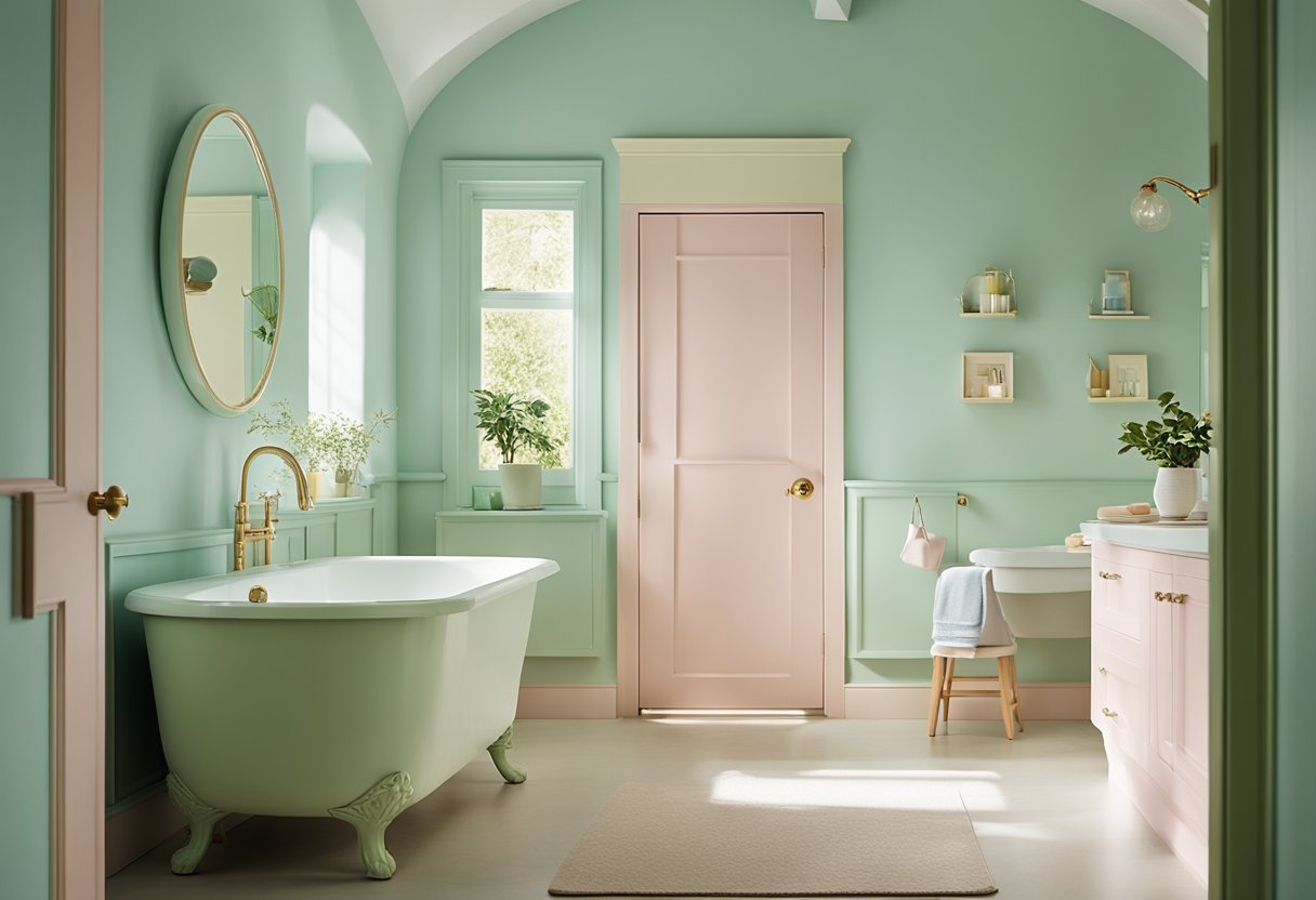 Soft pastel colors fill the bathroom, creating a soothing atmosphere. Light blue, pale pink, and mint green paint the walls, while a gentle yellow adorns the cabinets. The natural light filters in, casting a warm glow over the serene space