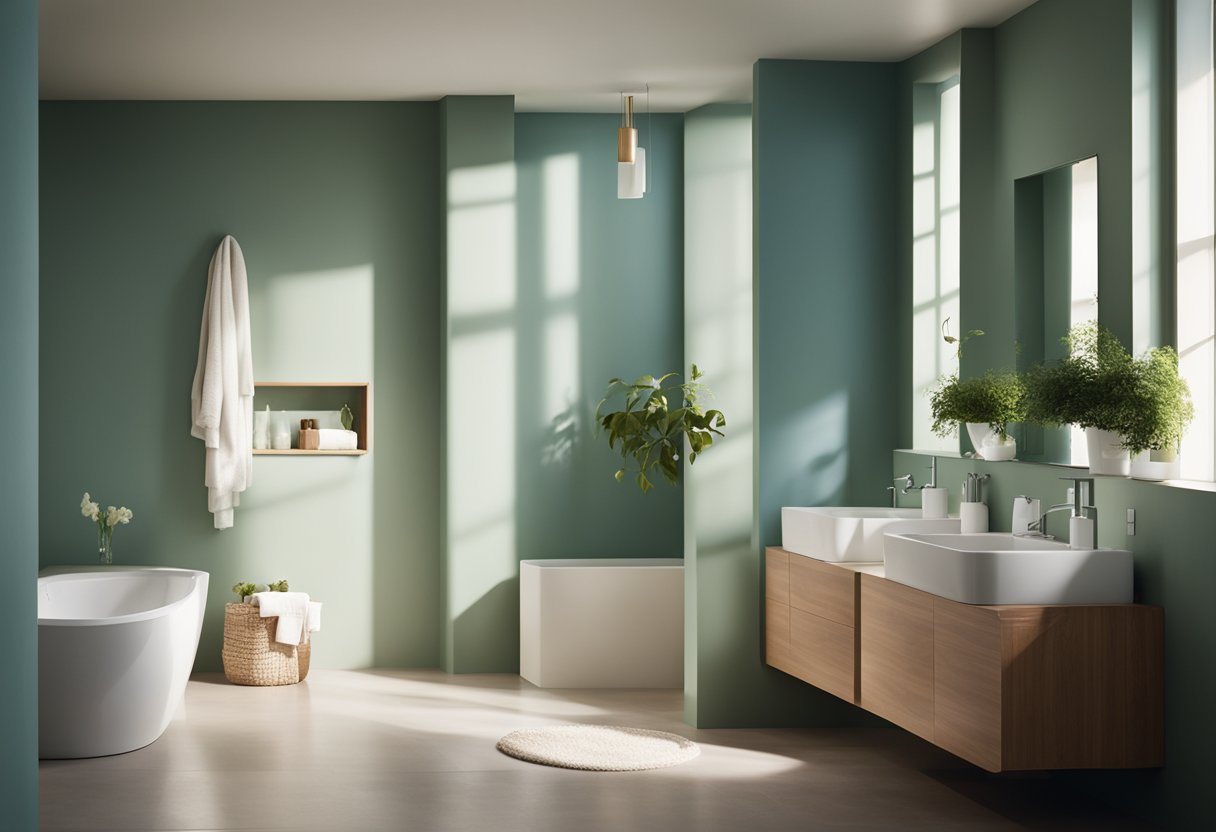 The bathroom walls are painted in natural and earthy colors like soft greens, warm browns, and muted blues. Light filters in through a window, casting a gentle glow on the serene and tranquil space