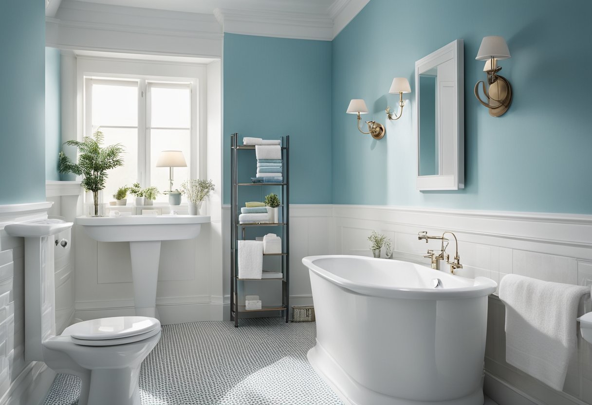 A bathroom with light blue walls and a glossy finish. White trim and accents. A soft, warm light illuminates the space