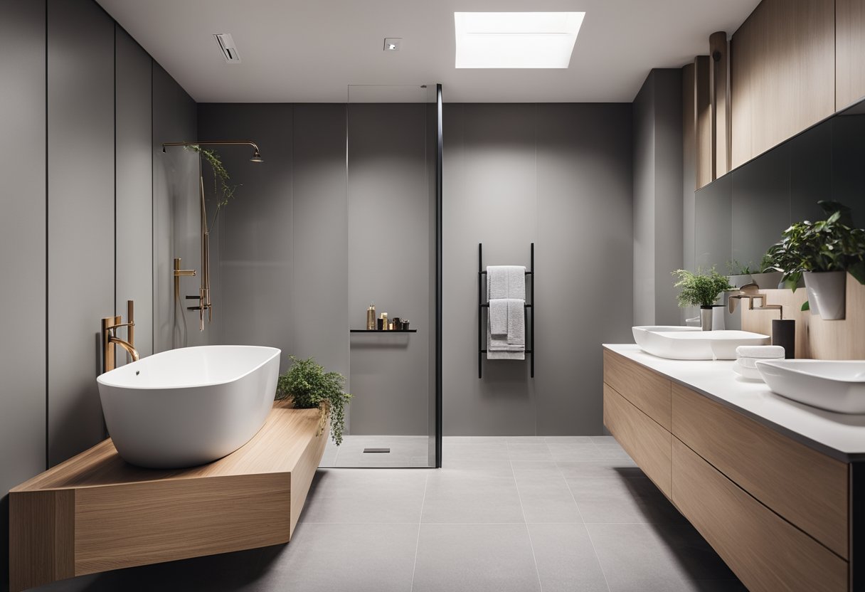 A bathroom with durable, easy-to-maintain paint in popular colors. Clean, modern design with minimalistic decor and natural lighting