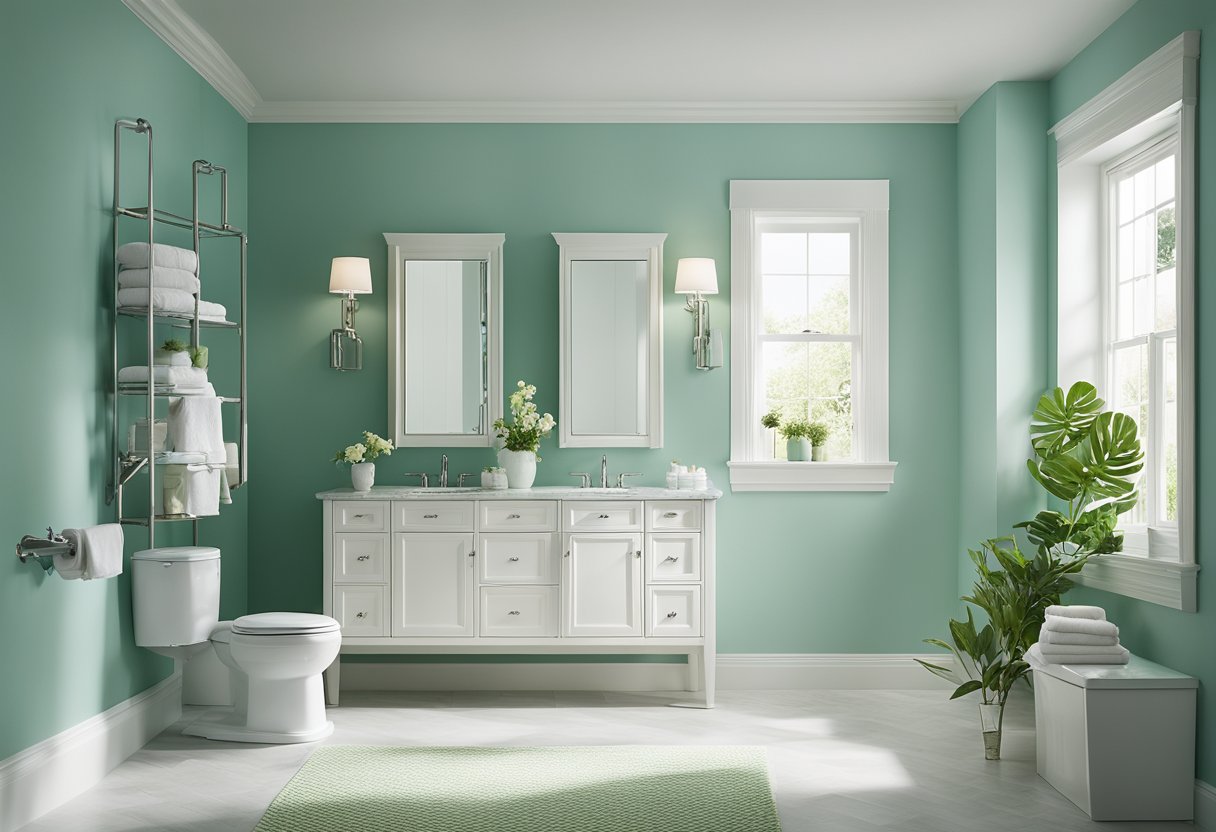 A serene bathroom with light blue walls, white fixtures, and green accents. The calming color scheme promotes relaxation and tranquility