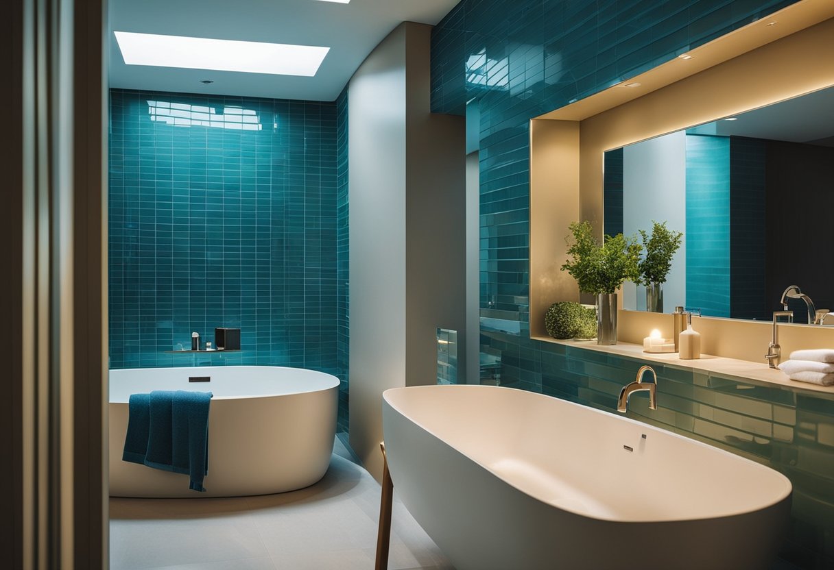 The bathroom is bathed in natural light, casting a warm glow on the walls painted in popular shades of blue, green, and beige