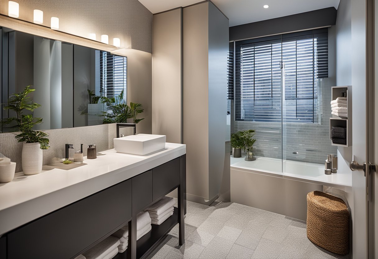 A small bathroom with a wall-mounted vanity, tall storage cabinets, and floating shelves to maximize vertical space for storage