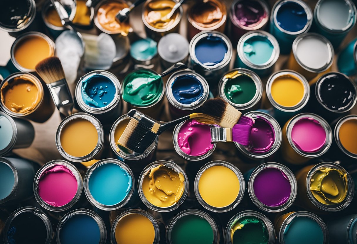 Various paint cans open, mixing vibrant colors on a palette. Brush strokes blend hues for a unique bathroom color scheme