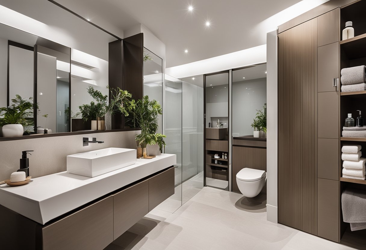 A small bathroom with a space-saving vanity unit, cleverly designed to maximize storage. Shelves, drawers, and compartments neatly organize toiletries and towels