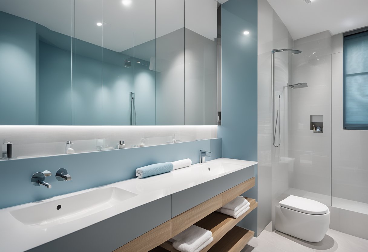 A modern bathroom with innovative paint technology, featuring popular colors like soft blue, pale gray, and crisp white