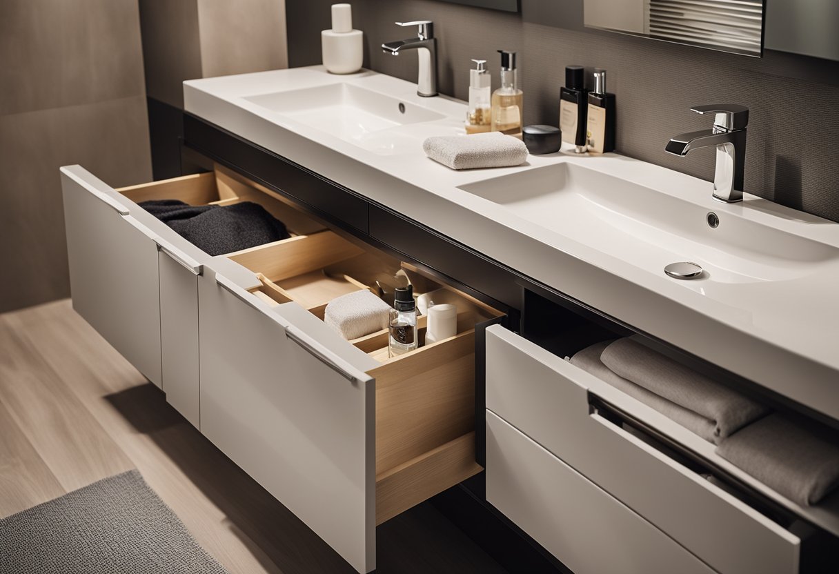 A small bathroom with a compact vanity unit, featuring clever storage solutions like pull-out drawers, built-in shelves, and hidden compartments