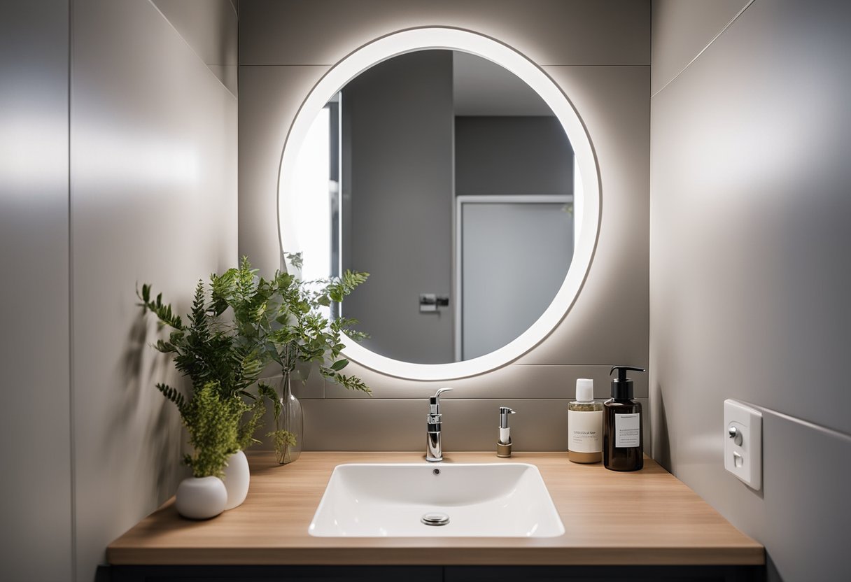 A small bathroom with a compact vanity under the sink, showcasing clever storage solutions for toiletries and towels