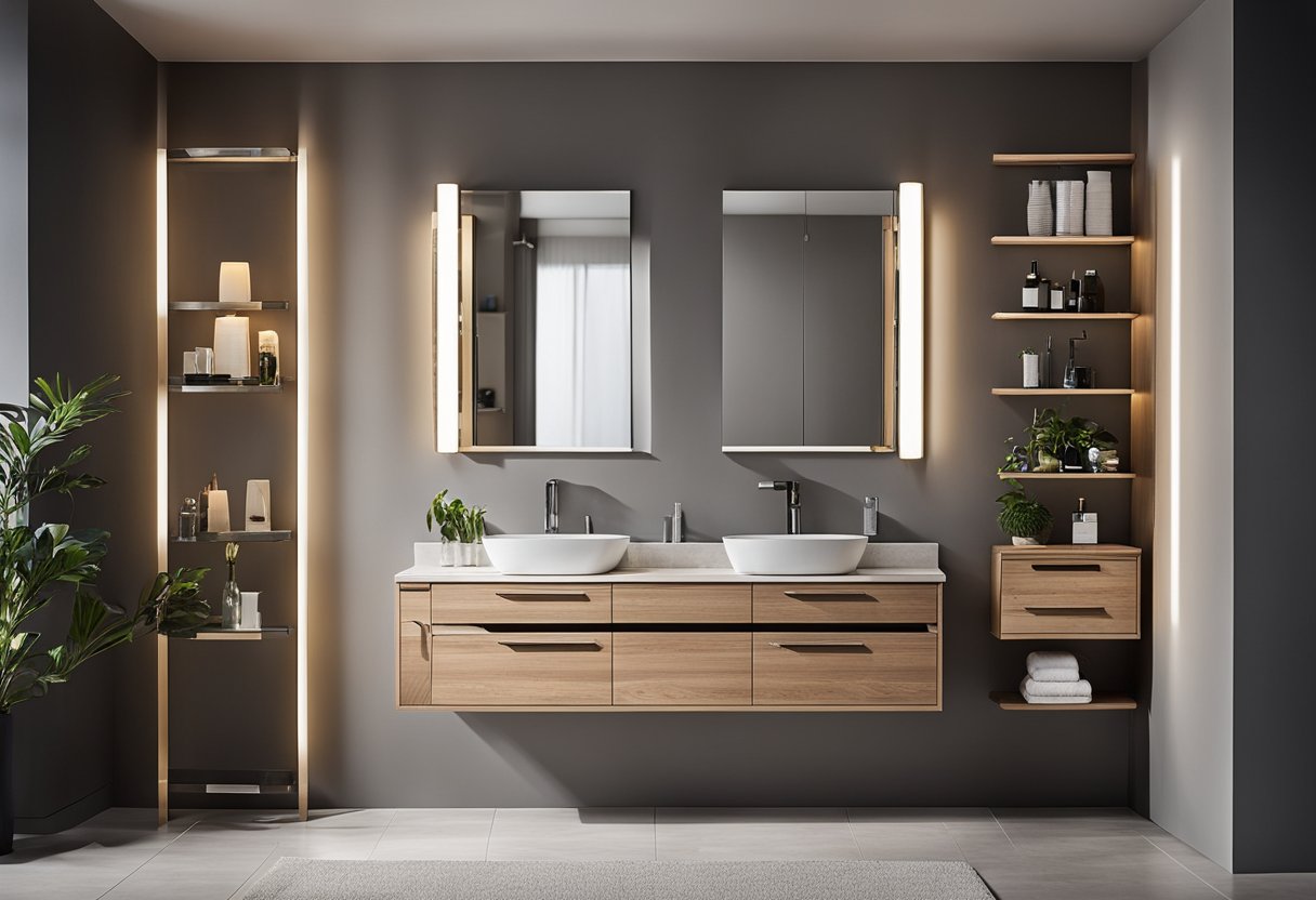 A small bathroom vanity with a creative mirror and lighting setup, showcasing efficient storage solutions