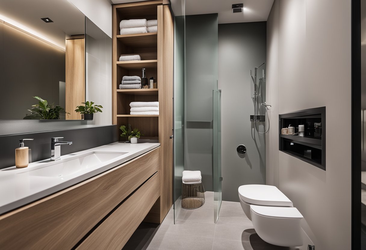 A compact bathroom with a small vanity unit that doubles as a storage solution. The vanity features cleverly designed drawers and shelves to maximize space