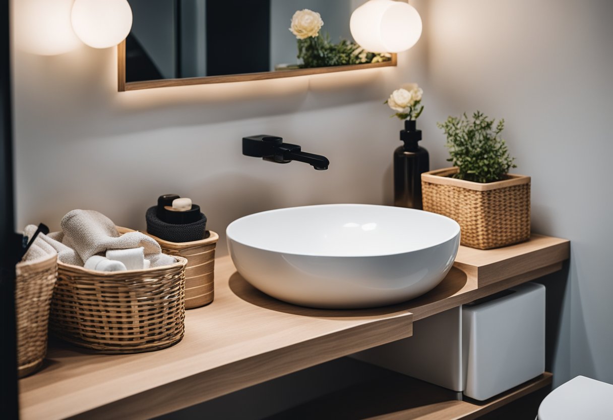 A small bathroom vanity with neatly organized shelves and drawers, adorned with stylish storage solutions like baskets and trays