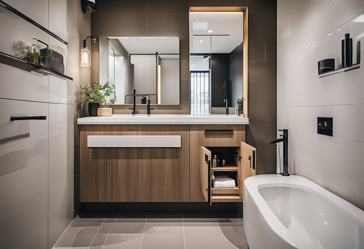 A small bathroom with a custom vanity solution, featuring clever storage ideas to maximize space and organization