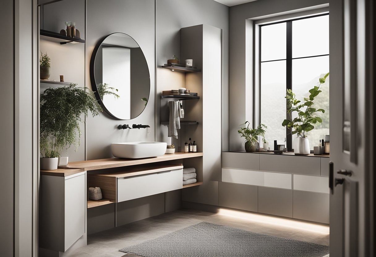 A small bathroom vanity with modern fixtures and clever storage solutions. Clean lines and minimalistic design to maximize space