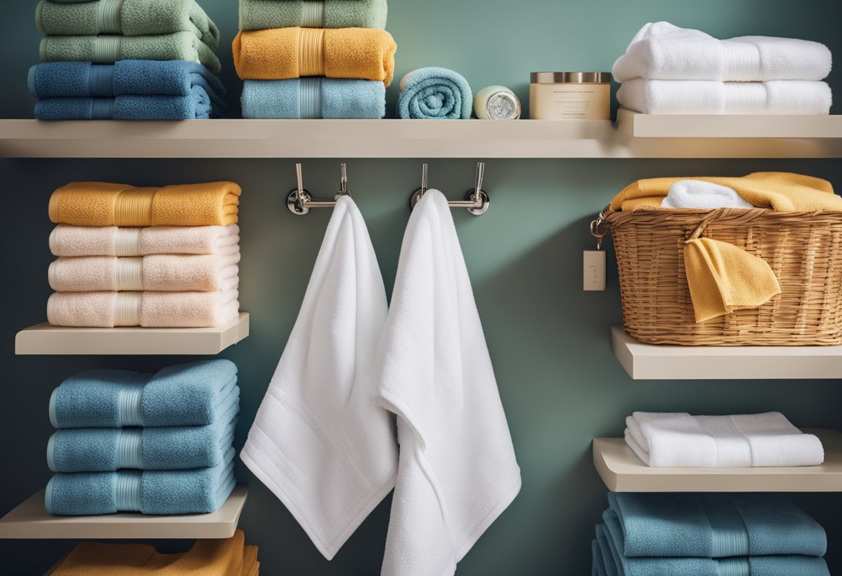 Towels neatly folded on wall-mounted shelves and hooks, with decorative baskets for extra storage