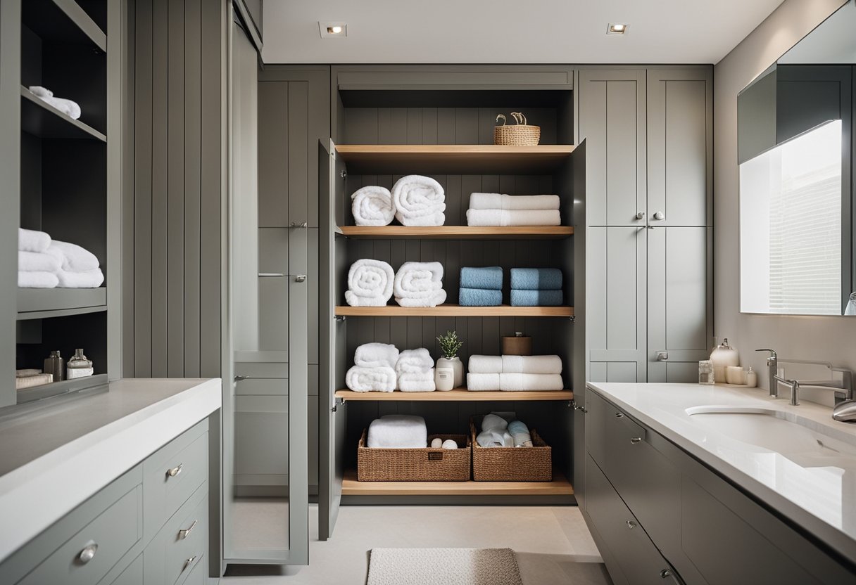 A bathroom with open cabinets and closed doors, neatly storing towels in a pretty and practical manner