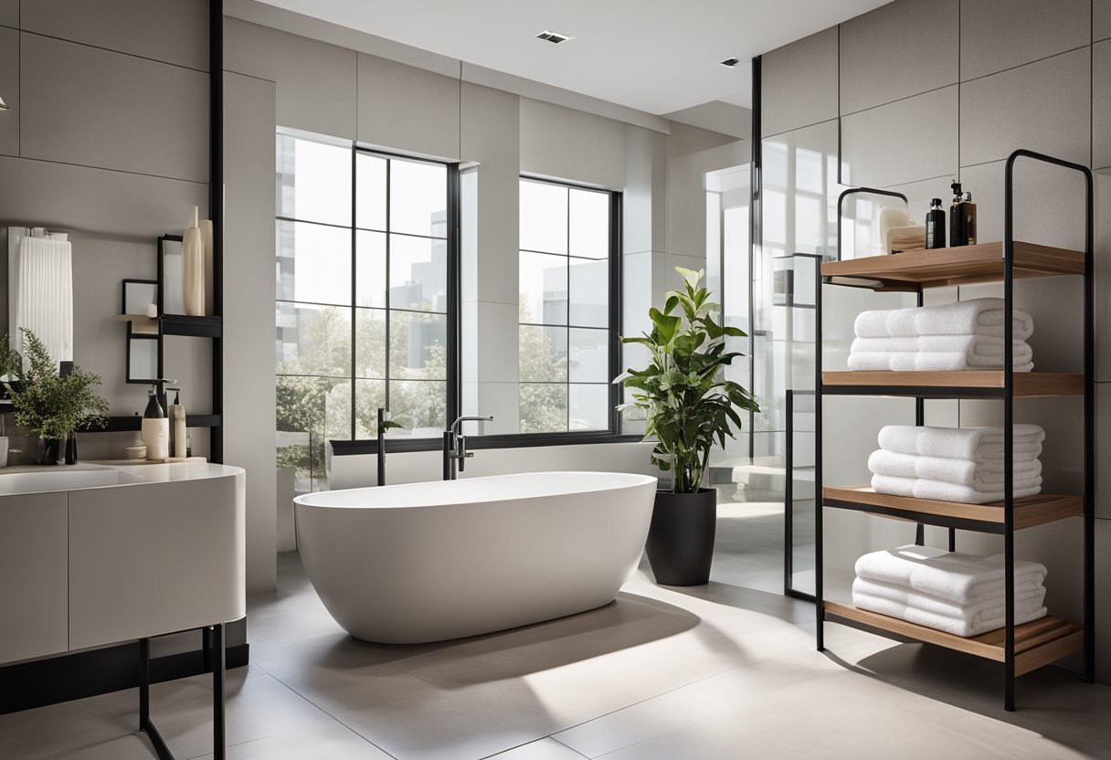 A modern bathroom with sleek freestanding towel racks and shelves, neatly organizing fluffy towels and decorative accents