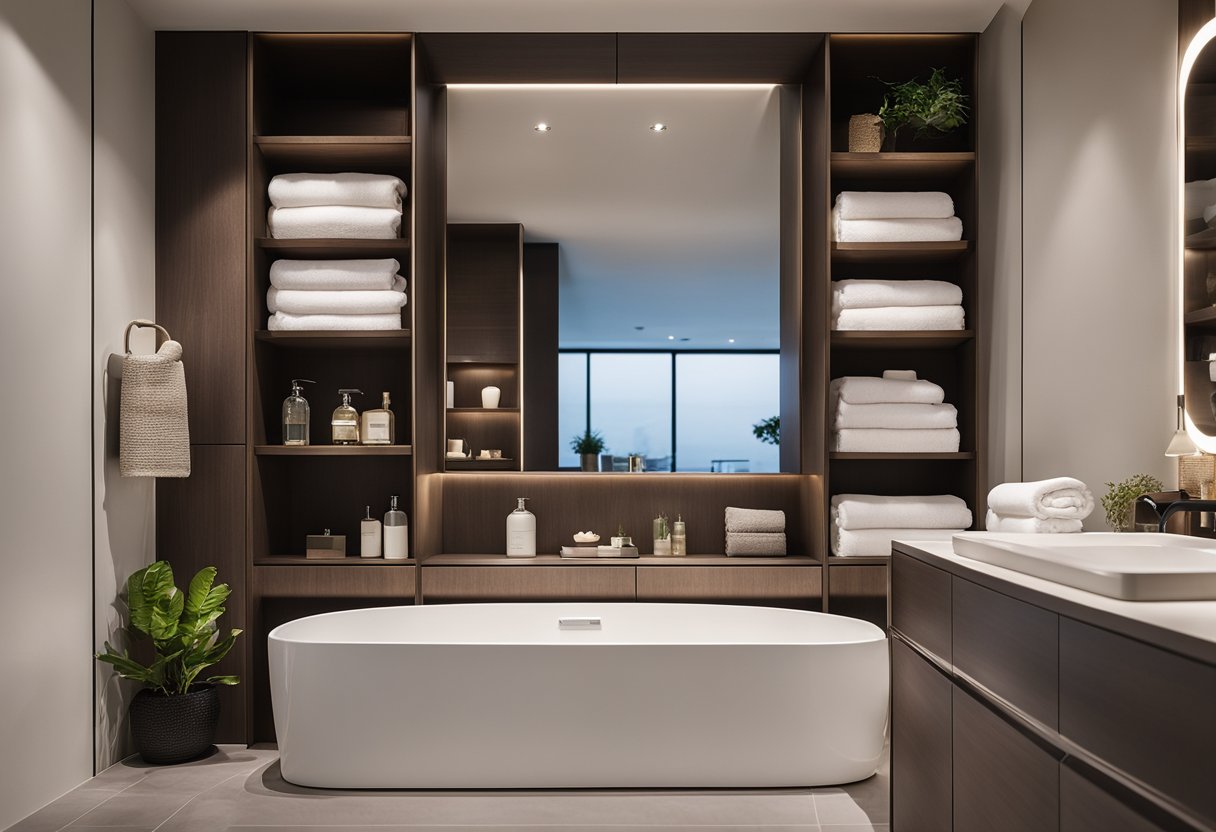 A modern bathroom with built-in shelves and cabinets filled with neatly folded towels. A sleek and stylish design with practical storage solutions