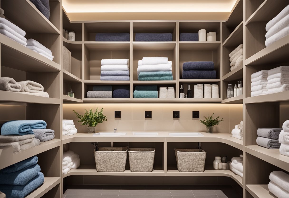 A bathroom with neatly organized baskets and bins filled with towels and toiletries, adding a touch of practicality and charm to the space