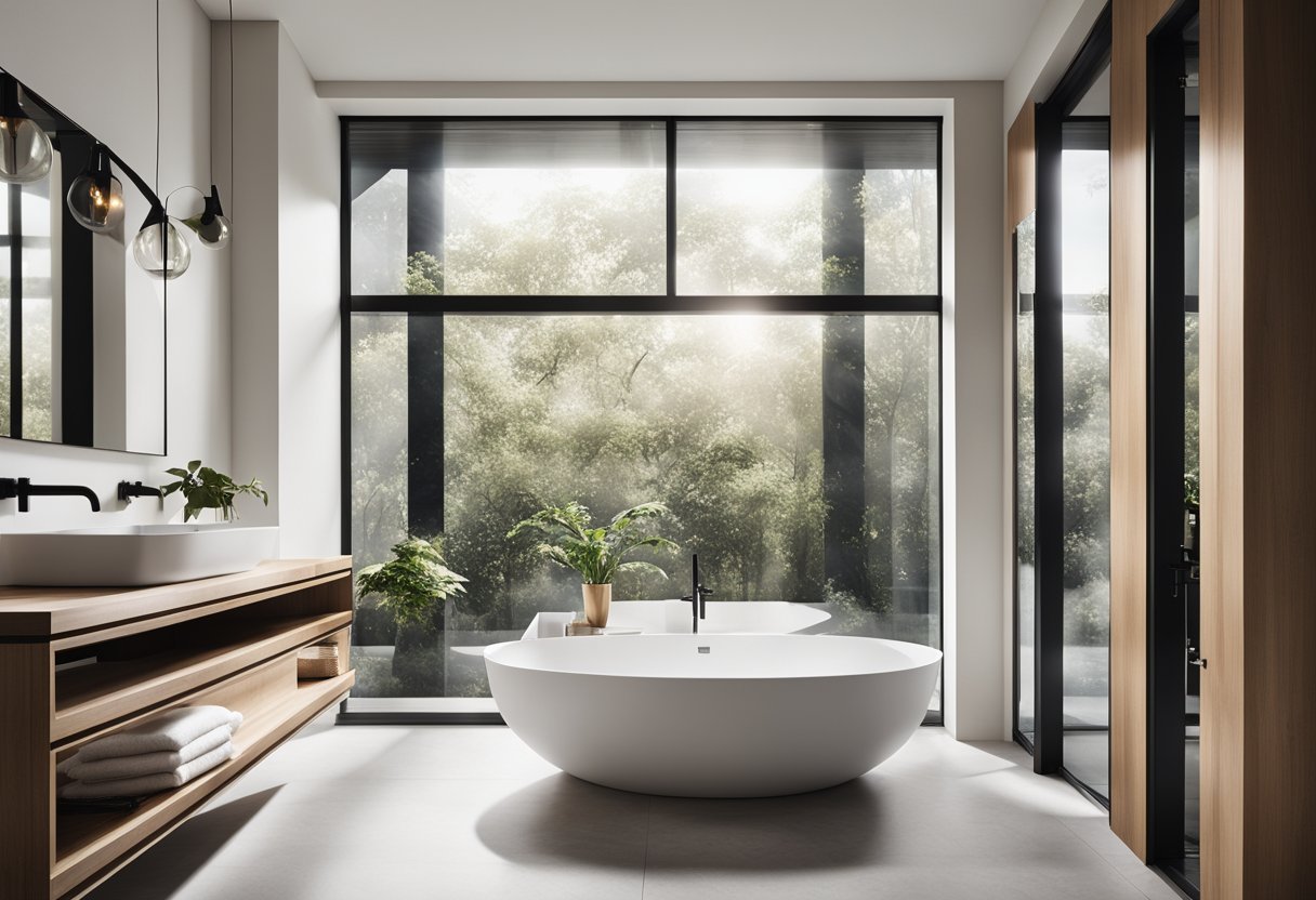 A sleek, minimalist bathroom with clean lines, geometric shapes, and a mix of natural and man-made materials. A floating vanity, freestanding tub, and large windows bring in plenty of natural light