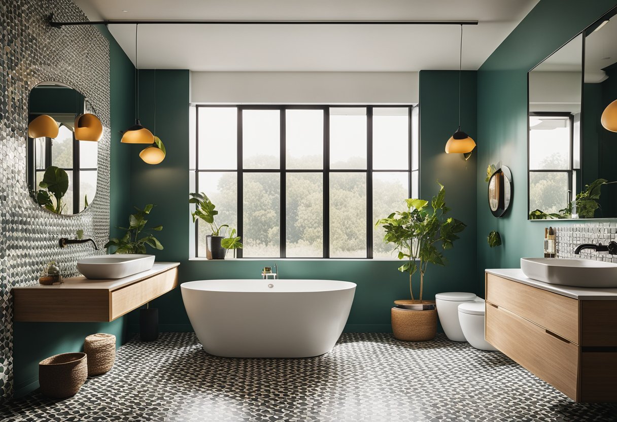 A sleek, minimalist bathroom with geometric tiles, a floating vanity, and a sunken bathtub. Retro fixtures and a bold color palette complete the midcentury modern aesthetic