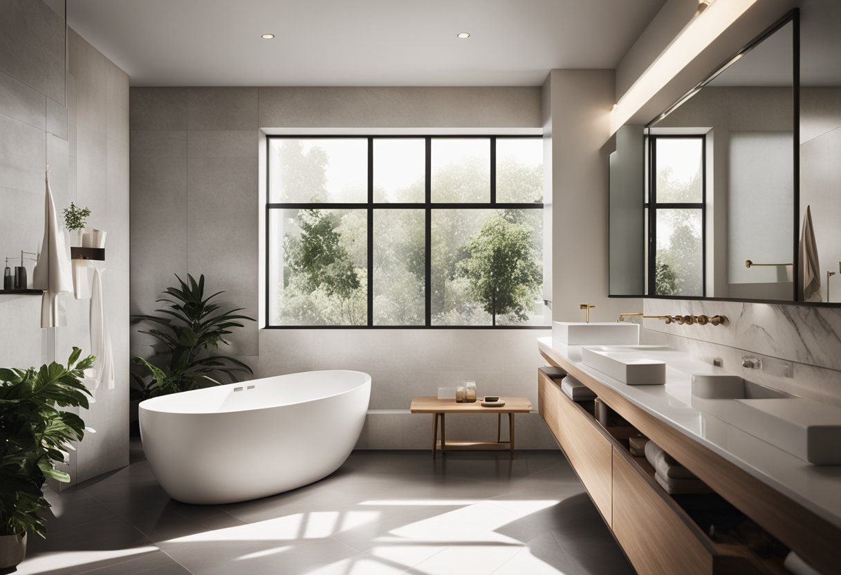 A sleek, midcentury modern bathroom with stylish fixtures and furniture, including a minimalist vanity, geometric mirror, and a freestanding bathtub with sleek lines