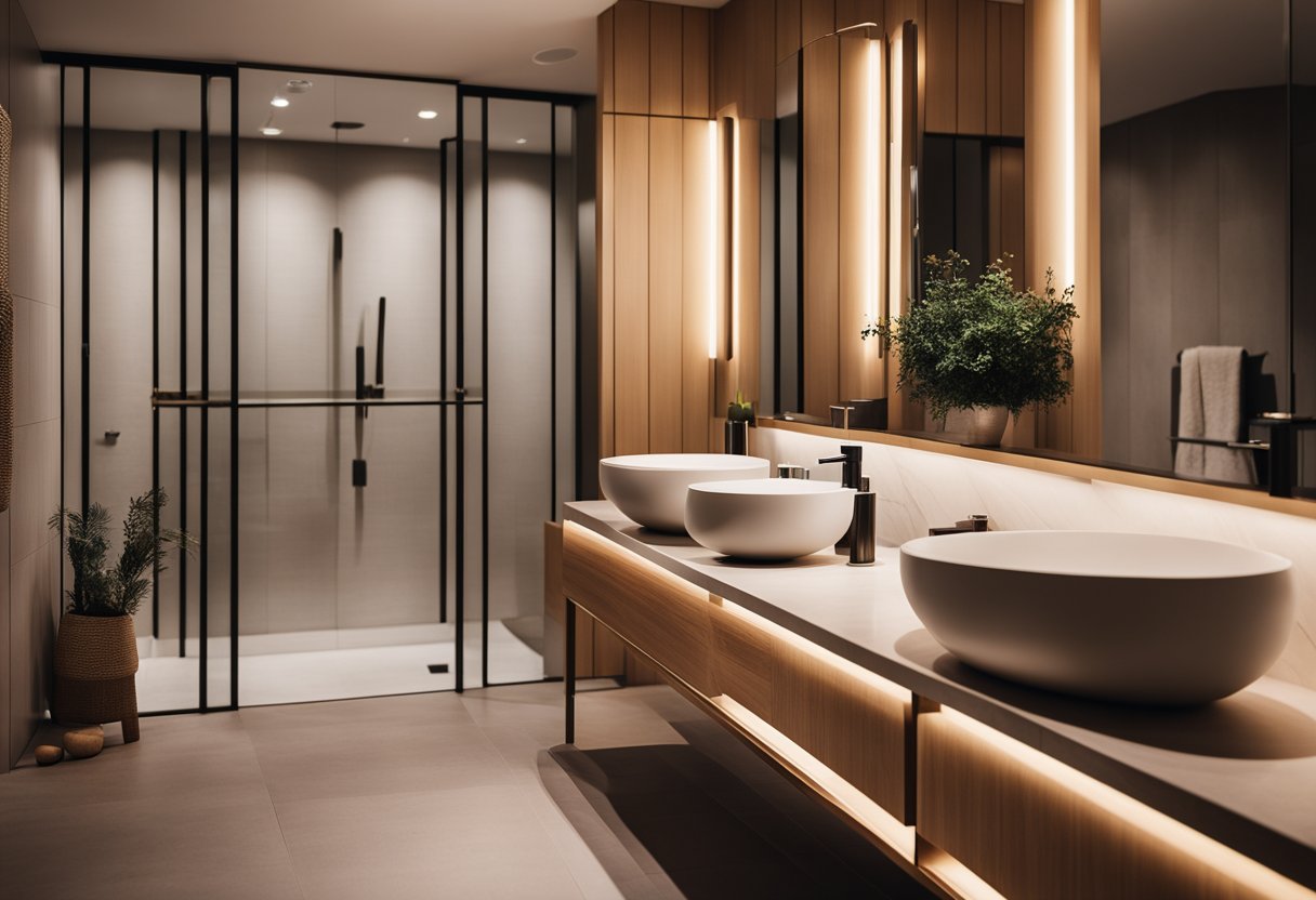 A sleek, midcentury modern bathroom with warm, ambient lighting, featuring stylish accessories and clean, minimalist design