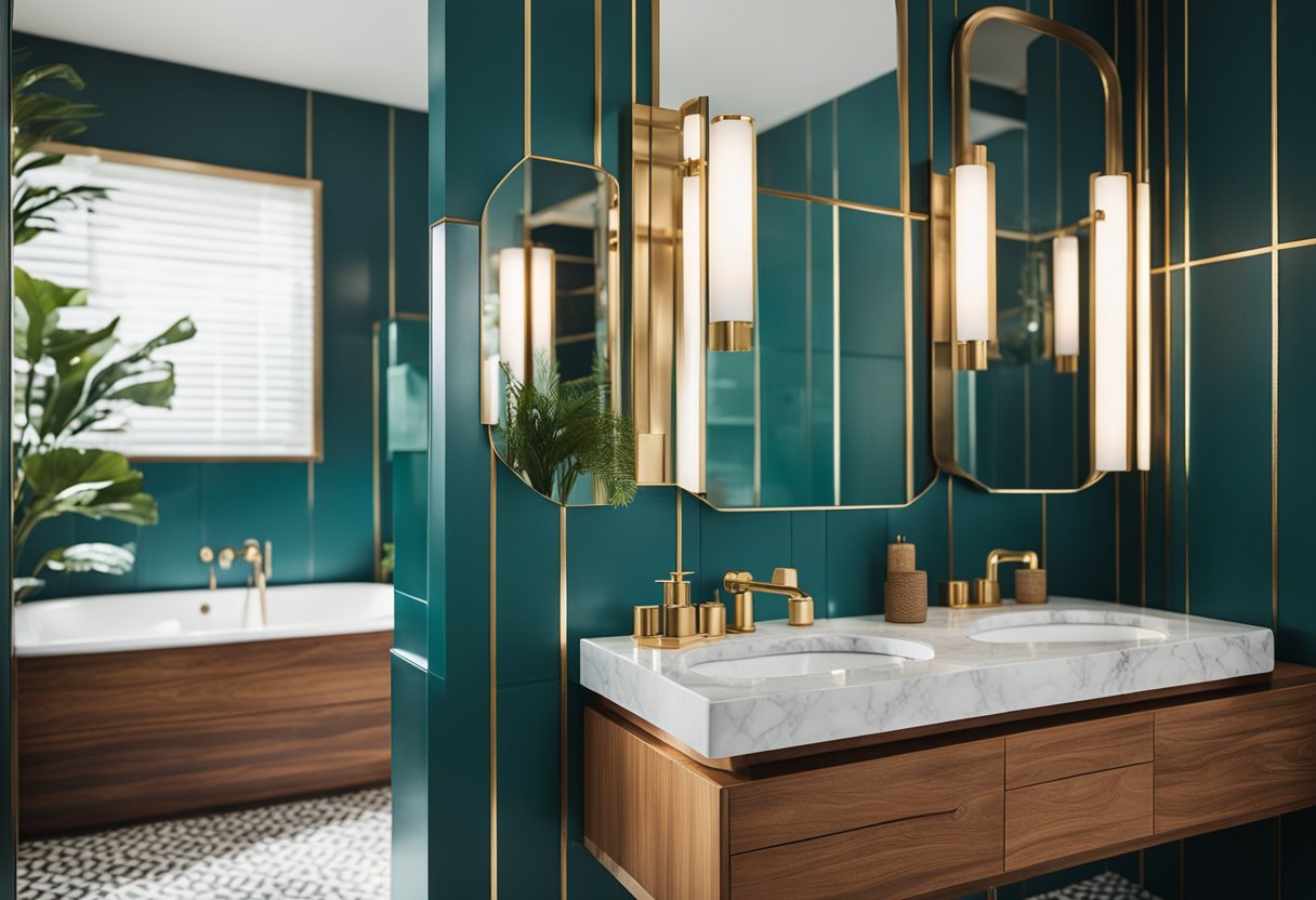 A midcentury modern bathroom with a sleek color scheme of teal, white, and wood. The materials include marble countertops, brass fixtures, and geometric patterned tiles