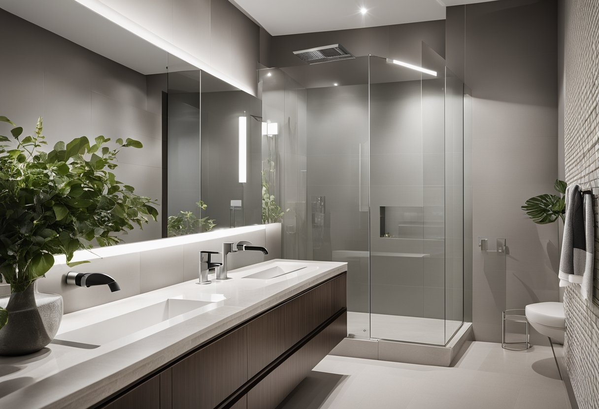 A sleek, midcentury modern bathroom with integrated technology. Clean lines, minimalist fixtures, and smart features create a stylish and functional space