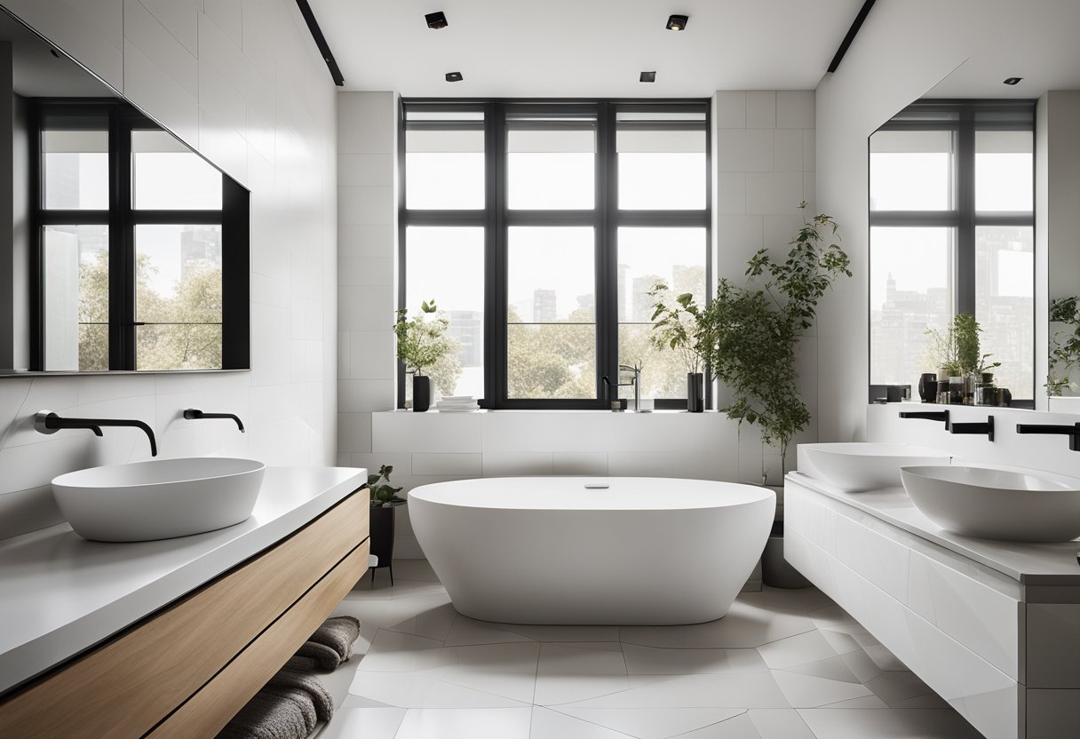 A sleek, minimalist bathroom with geometric tiles, a floating vanity, and a freestanding tub. The space is bright and airy, with large windows and a mix of natural and artificial light