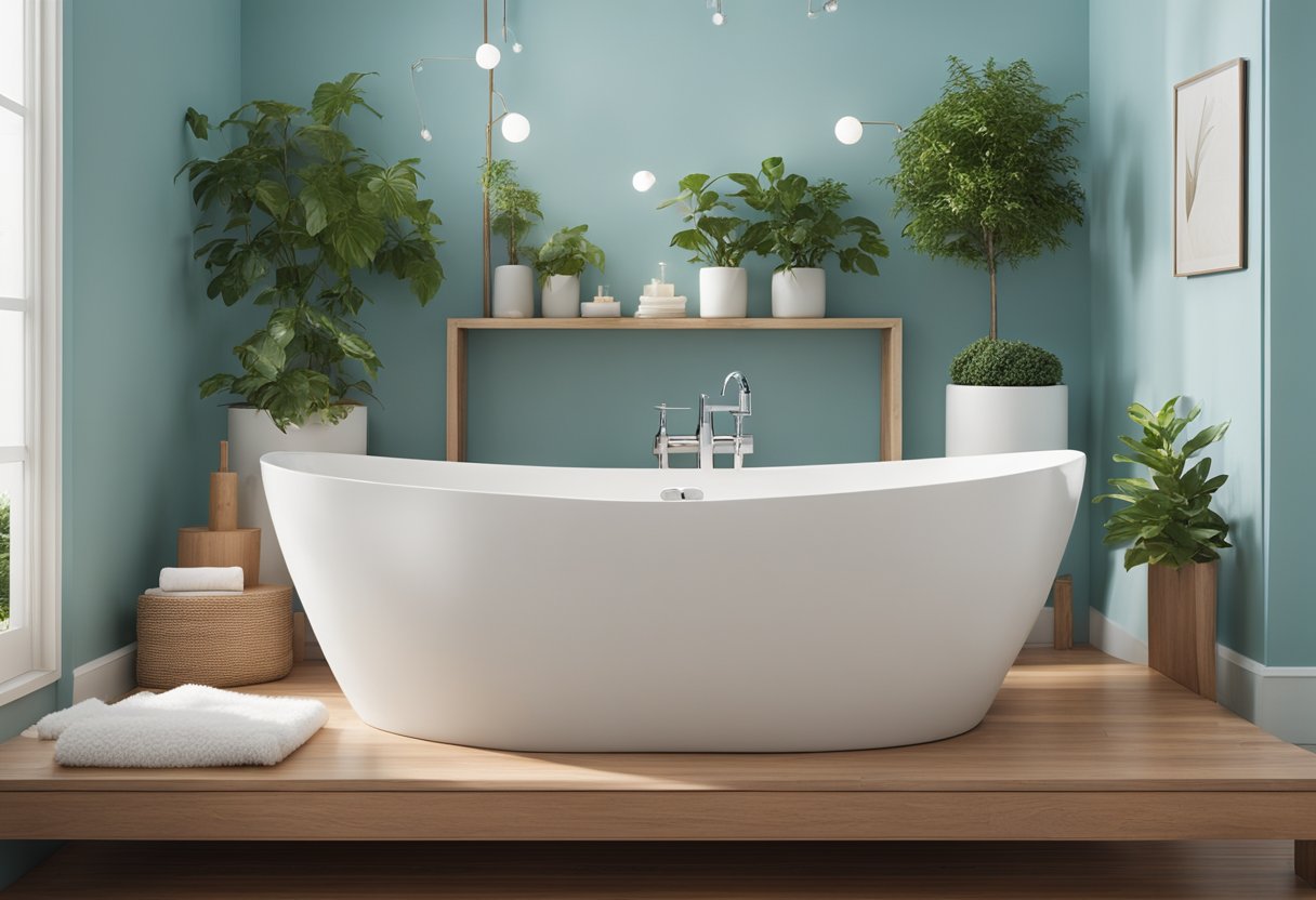 A serene bathroom with light blue walls, white accents, and natural wood tones. Soft lighting and green plants create a peaceful spa-like atmosphere