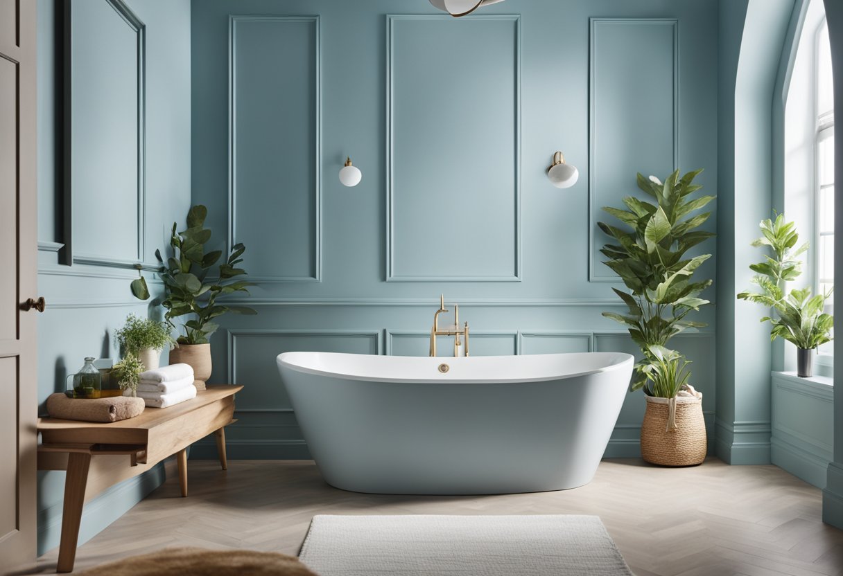 A serene bathroom with soft blue walls, white marble countertops, and natural wood accents. A hint of greenery adds a touch of nature, creating a spa-like retreat