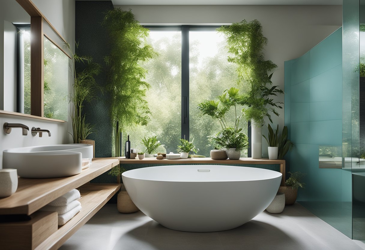 A tranquil bathroom with soft blue and green tones, accented with natural elements like bamboo and stone. The space is filled with natural light, creating a serene and calming atmosphere