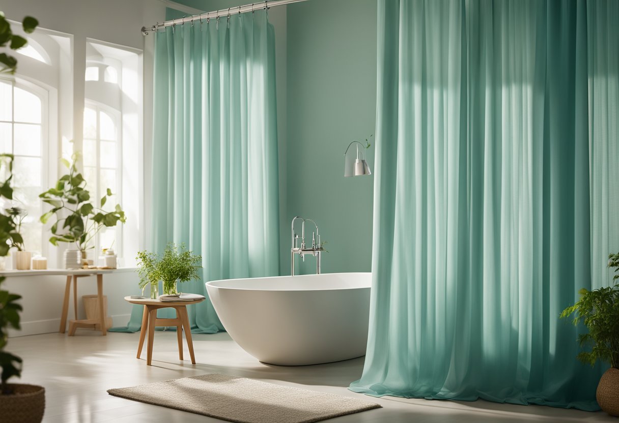 Soft, natural light filters through sheer curtains, casting a warm glow on pale, calming blue and green walls. The color scheme creates a tranquil, spa-like atmosphere in the bathroom