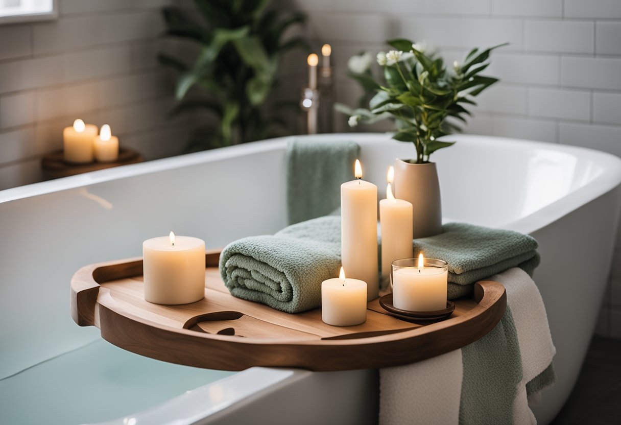 A serene bathroom with soft, earthy colors, natural stone tiles, and plush towels. A freestanding bathtub with a wooden tray holding aromatic candles and a potted plant